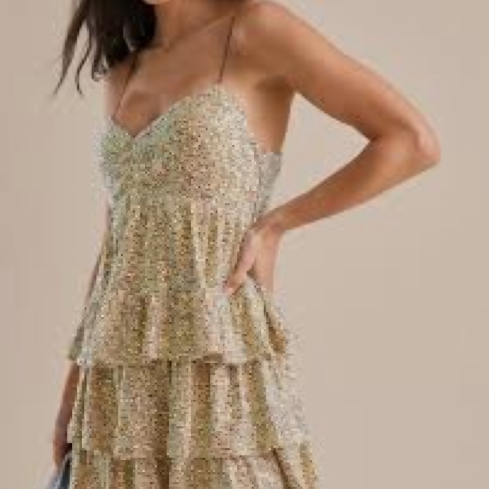 Altar'd State Gold Floral Tiered Midi Dress